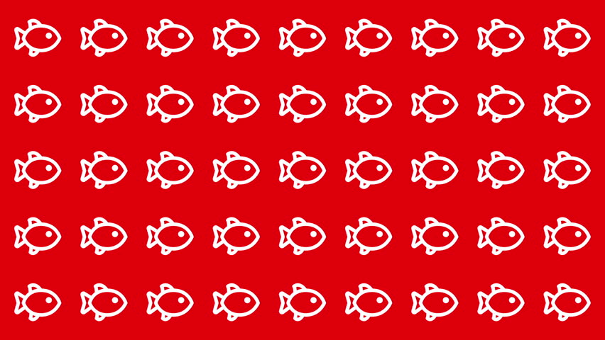 Many white cartoon fish outlines on a red background perfect for childrens book illustrations, posters, summerthemed designs, underwater concepts.
