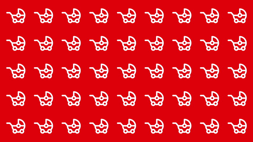 Repeating red and white baby carriage icons pattern. Suitable for baby shower invitations, nursery decor, and childrens apparel designs.