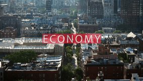Aerial view of modern cityscape with financial data and word economy overlay. Concept of business, finance, and urban development - Powered by Shutterstock - Get 15% off with code: PIKWIZARD15