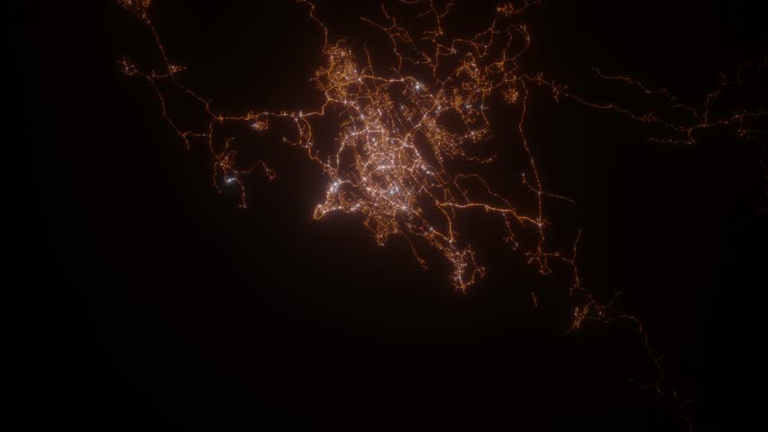 Port Moresby (Papua New Guinea) aerial view at night. Satellite view on modern city with street lights. Camera is flying above the city, moving forward