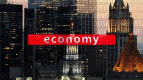 Futuristic smart city with animated economy title. Modern metropolis skyline with digital overlay, representing finance and business data - Powered by Shutterstock - Get 15% off with code: PIKWIZARD15