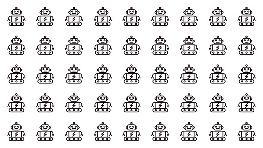 Repeating pattern of small stylized robots on a white backdrop perfect for kids products, tech designs, and scifi themes.