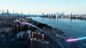 Aerial view of futuristic city with glowing digital lines representing data flow, information, and communication over modern urban landscape - Powered by Shutterstock - Get 15% off with code: PIKWIZARD15