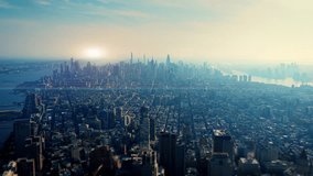 Aerial view of modern metropolis with a glowing digital overlay. Concept of futuristic technology, data communication, and smart city - Powered by Shutterstock - Get 15% off with code: PIKWIZARD15