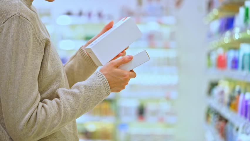 Woman reading and examines ingredient labels while comparing and choosing between cosmetic products, cream and serum, in a beauty store aisle, focusing on making an informed decision.