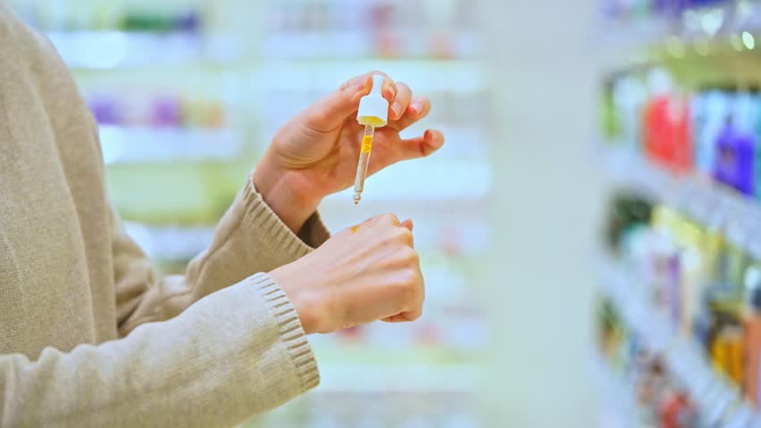 Woman testing serum texture on her hand before purchase in a beauty store, making an informed choice while selecting a cosmetic product for skincare.