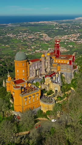  Aerial view of famous historic National Palace of Pena in Sintra, Lisbon, Portugal
