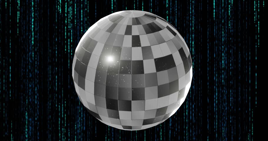 Off-frame light starting disco sphere rotating slowly, moving glint and flecks showing reflections. Mirrorball, reflective, mosaic, tiles, spin, sparkle, particles