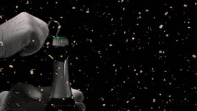 Gloved hand contacting foil cage, loosening and popping cork to celebrate, gold confetti falling. Champagne, bottle, gloves, macro, glitter, studio, festive - Powered by Shutterstock - Get 15% off with code: PIKWIZARD15