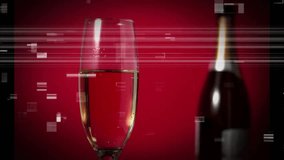 Champagne flute with bubbles, dark olive dropping, forming twisting column, glitch showing motion. Glass, red, studio, macro, splash, vortex, reflections - Powered by Shutterstock - Get 15% off with code: PIKWIZARD15