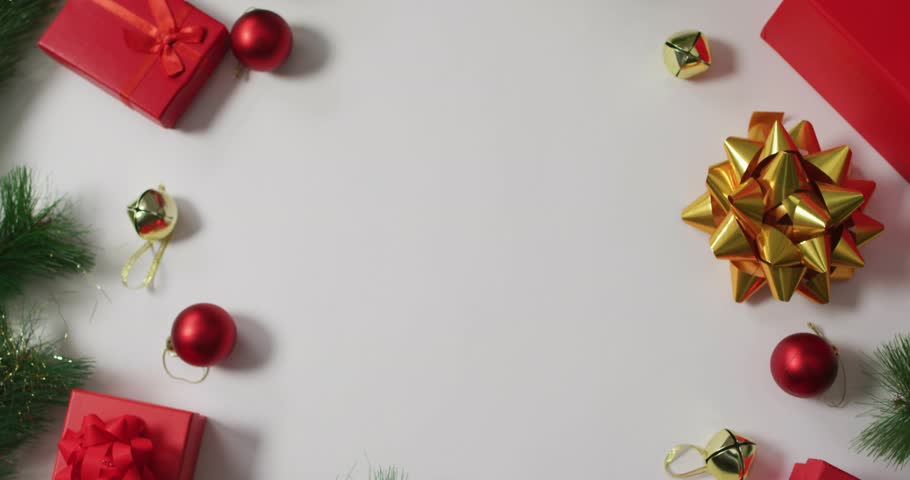 On load flat-lay CLICK HERE graphic pulsing purple outline, chevrons darkening to attract clicks. Neon, cta, arrows, baubles, gifts, decor, festive