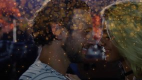 Man and woman smiling and leaning in club, woman touching chest, golden bokeh highlighting intimacy. Romance, nightlife, couple, affection, glow, cinematic, bar - Powered by Shutterstock - Get 15% off with code: PIKWIZARD15