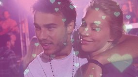 Woman draping arm, initiating closeness, man glancing, leaning amid music lights, hearts overlaying. Couple, romance, intimacy, nightlife, club, stage, haze - Powered by Shutterstock - Get 15% off with code: PIKWIZARD15