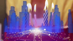 Flare sparking AR skyline rising, candles flickering, icons showing, camera moving, birthday party. Augmented, reality, blocky, cityscape, glow, overlay, studio - Powered by Shutterstock - Get 15% off with code: PIKWIZARD15
