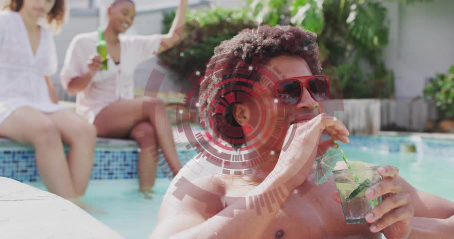 Man sipping cocktail lifting shades, turning to women cheering pool as red HUD fading for marketing. Backyard, water, sunny, social, friends, casual, tropical