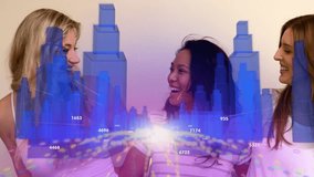 Three women laughing, gesturing as 3D city sweeping in front, data converging to showcase tech. Females, trio, smile, studio, gradient, urban, overlay - Powered by Shutterstock - Get 15% off with code: PIKWIZARD15