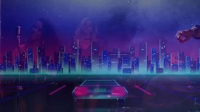 Lead vocalist moving right to center, grabbing mic, performing with ghosted backing over neon car. Singer, performance, stage, cityscape, grid, fog, silhouette - Powered by Shutterstock - Get 15% off with code: PIKWIZARD15