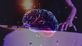 Musician performing pressing keys, sparking neon brain holo pulsing as camera revealing music halo. Keyboard, hologram, synth, silhouette, backlight, futuristic, ambient - Powered by Shutterstock - Get 15% off with code: PIKWIZARD15