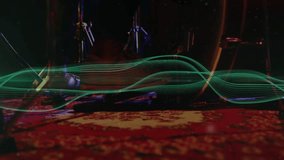 Green dotted waveform starting at left LED, crossing rug during music rehearsal, lighting drums. Stage, pattern, cables, cymbals, stands, neon, motion - Powered by Shutterstock - Get 15% off with code: PIKWIZARD15