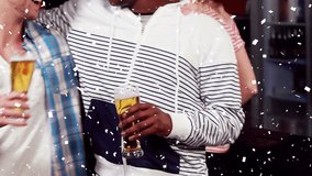 Two men raising beer glasses, clinking, sipping, laughing, celebrating bar with falling confetti. Toast, friends, nightlife, pub, lounge, celebration, conviviality - Powered by Shutterstock - Get 15% off with code: PIKWIZARD15