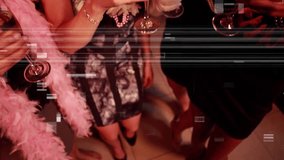 Friends raising flutes, clinking toasts celebrating bride, nightlife glitch overlay crossing frames. Bridal, veil, beads, champagne, bar, neon, glamour - Powered by Shutterstock - Get 15% off with code: PIKWIZARD15