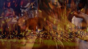 Woman raising beer mug in bar camera zooming as golden sparks rising, dancing for nightlife promo. Partygoer, crowd, club, campaign, cinematic, stock, bokeh - Powered by Shutterstock - Get 15% off with code: PIKWIZARD15