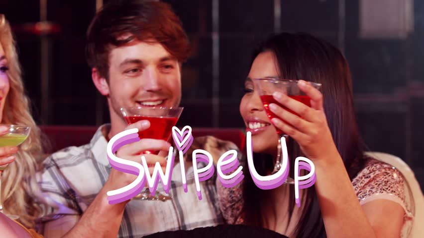 Group clinking drinks on red couch sparking Swipe Up arrow pulsing tightening woman reclining promo. Friends, cocktails, lounge, neon, toasting, glamour, nightlife