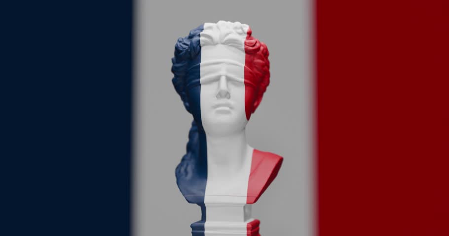 Lady Justice blinded bust. Original printed 3D model. Fair woman allegory symbole of law and justice. French flag Blue white red colors.	
