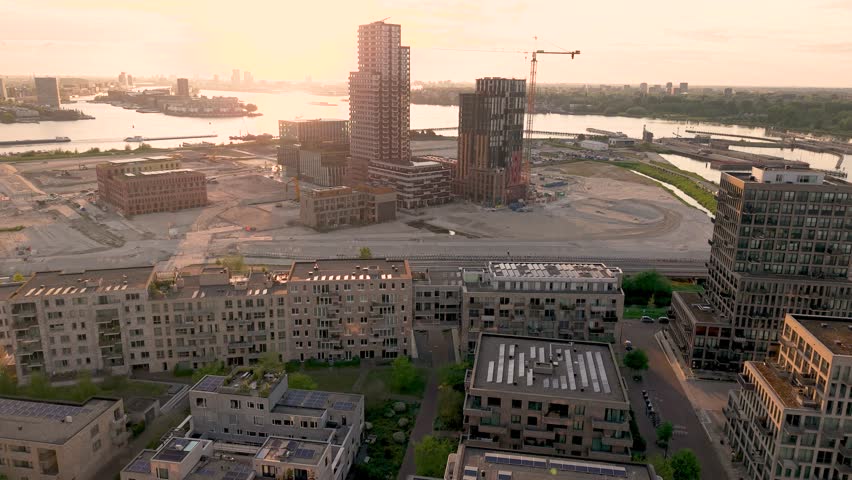 Construction of new, modern high-rise buildings at Sluisbuurt neighbourhood in Amsterdam-Oost, The Netherlands