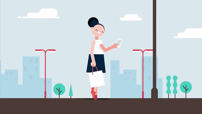 Woman walking while looking at smartphone, texting in city street cartoon for social media, urban lifestyle, mobile addiction and digital communication - Powered by Shutterstock - Get 15% off with code: PIKWIZARD15