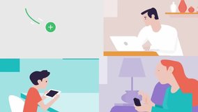 People using video chat on laptops and phones, remote communication split screen animation for online class, virtual meeting and family connection - Powered by Shutterstock - Get 15% off with code: PIKWIZARD15