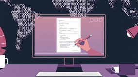 Man working at computer with global connections map on wall, worldwide network cartoon for remote business, global analytics and online strategy - Powered by Shutterstock - Get 15% off with code: PIKWIZARD15