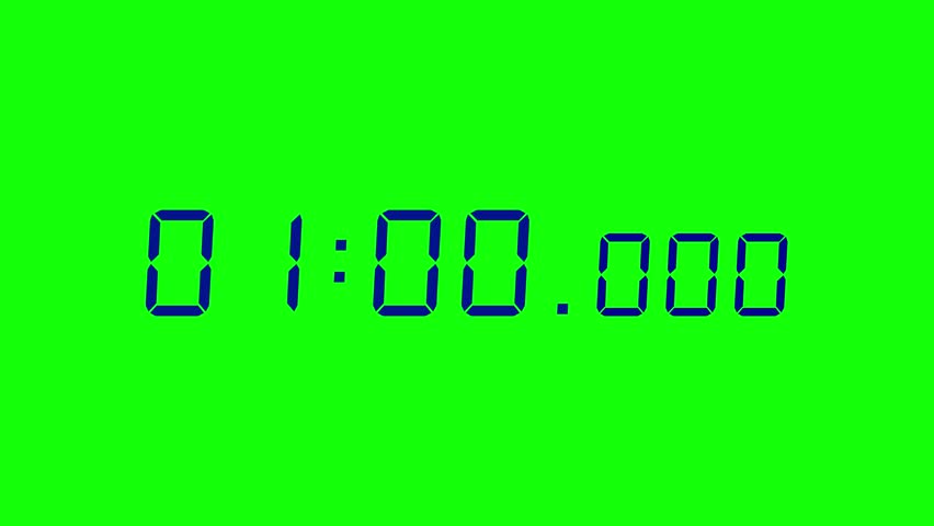 7 digits navy blue digital countdown timer starting at 01:00:00 (60 seconds) on green screen, featuring crisp seven-segment numerals with minutes, seconds, and milliseconds displayed prominently.