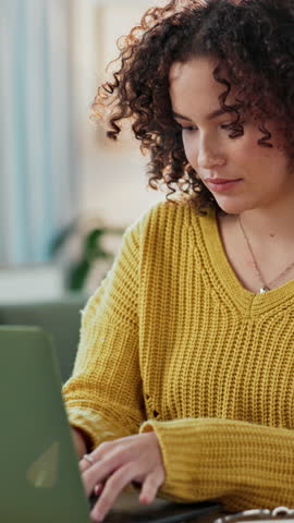 Laptop, reading and remote work with woman in home office for planning, report or research. Computer, development and typing with freelance employee in apartment for small business or startup review
