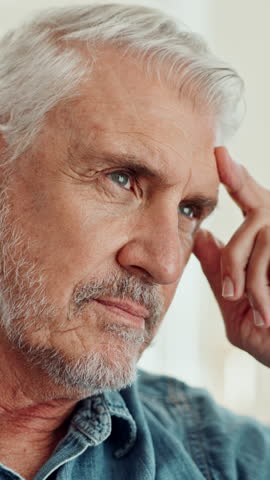 Thinking, senior man and stress in home for memory loss, alzheimers and lonely in retirement. Pensioner, old person with depression and worry in house with dementia, mental health and unhappy alone