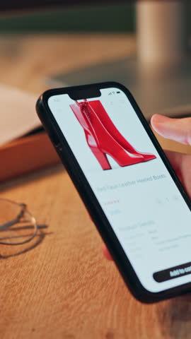 Hands, scroll and online shopping with phone screen for fashion sale, purchase and add to cart in home. Shopper, woman and browsing with tech for ecommerce website, shoes order or payment approved.