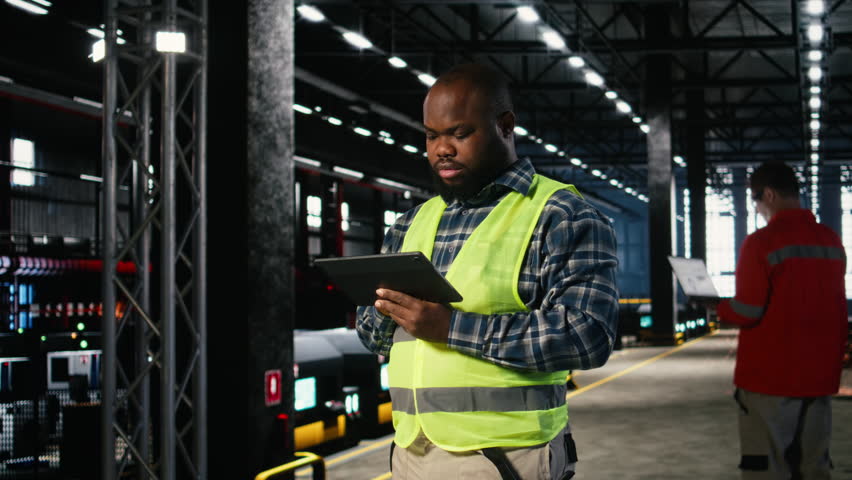 Factory supervisor checks assembly equipment on a tablet in manufacturing plant, wearing hi vis vest for the engineering industrial operation behind heavy steel product development. Camera A.