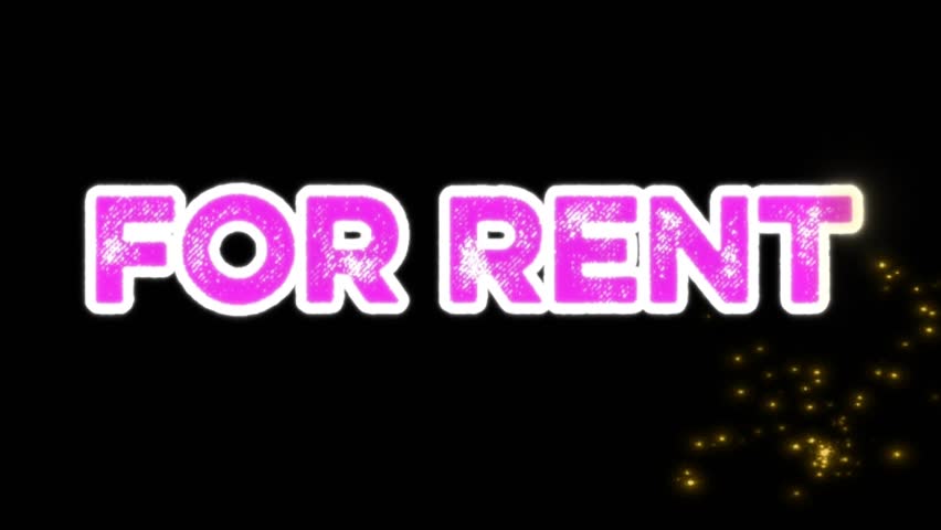 Neon glitter For Rent sign with sparkling light effects on dark background. Vibrant glowing text, modern promo style, perfect for advertising, digital banners, property rental marketing visuals."