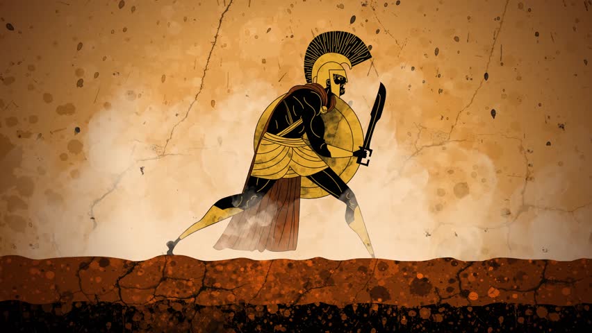 spartan warrior walking in ancient greek vase style