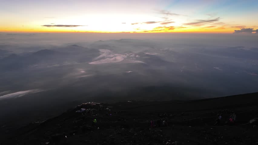 Mount Fuji, Kitayama, Fujinomiya, Shizuoka, Japan, Sunrise over misty mountain landscape with colorful sky and clouds