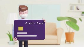 A 3D animated man wearing a white face mask holds a large purple credit card in his modern living room, symbolizing pandemic spending and finance. - Powered by Shutterstock - Get 15% off with code: PIKWIZARD15