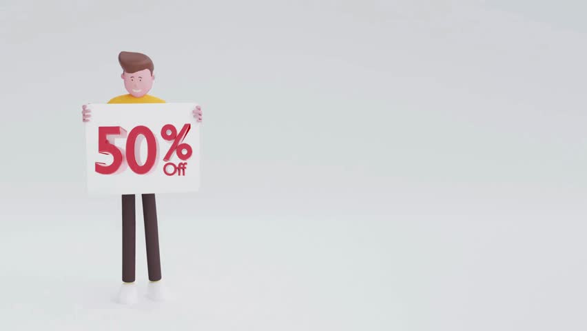 A smiling 3D animated man in a yellow shirt holds a white sign promoting a 50 percent off sale, bouncing slightly against a plain background. - Powered by Shutterstock - Get 15% off with code: PIKWIZARD15