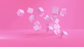 A 3D animation shows multiple light pink cubes floating, tumbling, and bouncing gently in slow motion against a solid, bright pink monochromatic background. - Powered by Shutterstock - Get 15% off with code: PIKWIZARD15