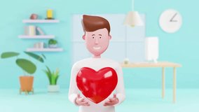 A smiling 3D animated man holds and offers a large shiny red heart in a modern room, symbolizing love, charity, health, or Valentine's Day. - Powered by Shutterstock - Get 15% off with code: PIKWIZARD15