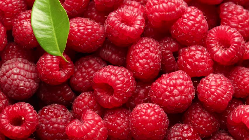 Fresh ripe raspberries and leaf as background, top view
