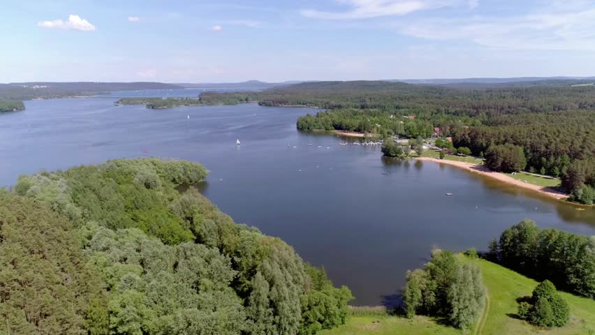 Aerial view of a serene lake surrounded by lush green forests on a sunny day
