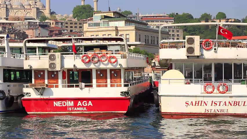 Motor boats lined up in Eminonu Pier in Istanbul, Turkey. Istanbul city boats
