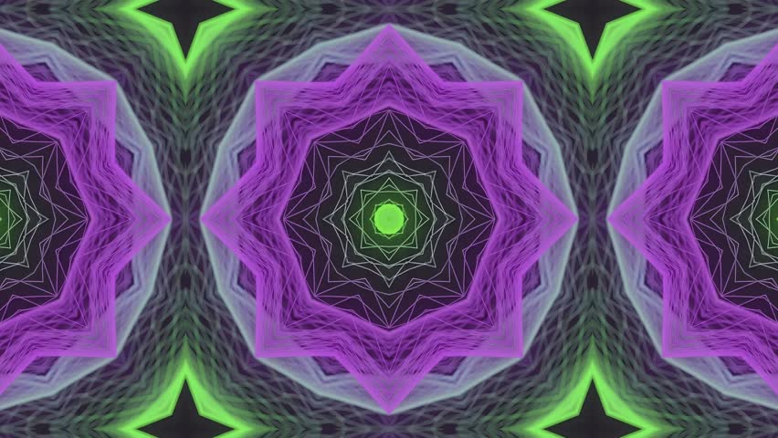 Purple and green neon kaleidoscope mandala waveform pattern with abstract symmetrical star layers and rhythmic glowing motion. seamless looping 4k video background - Powered by Shutterstock - Get 15% off with code: PIKWIZARD15