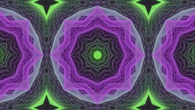 Purple and green neon kaleidoscope mandala waveform pattern with abstract symmetrical star layers and rhythmic glowing motion. seamless looping 4k video background - Powered by Shutterstock - Get 15% off with code: PIKWIZARD15