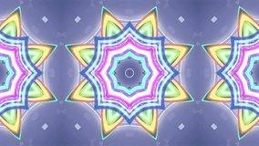 Colorful neon glowing star flower mandala kaleidoscope pattern with abstract geometric symmetry and soft radiant motion. seamless looping 4k video background - Powered by Shutterstock - Get 15% off with code: PIKWIZARD15